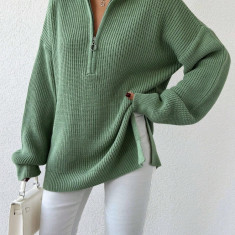 Pulover din tricot cu fermoar si maneca lunga, verde, dama, Shein