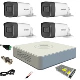 Sistem supraveghere video Hikvision 4 camere de exterior 5MP Turbo HD cu IR 40M DVR 4 canale full accesorii cu cablu coaxial live internet SafetyGuard