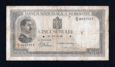 ROMANIA 500 LEI - 1940 cu Supratipar . Data rarisima de emisie ! Stare buna. foto