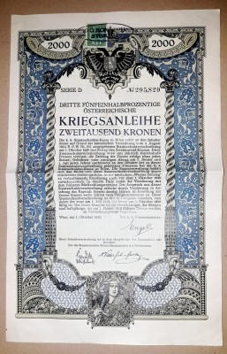 F326-I-Actiuni Austria 1915 1 Razboi mondial-Kriegsanleihe 2000 Koroane-15 cupon foto