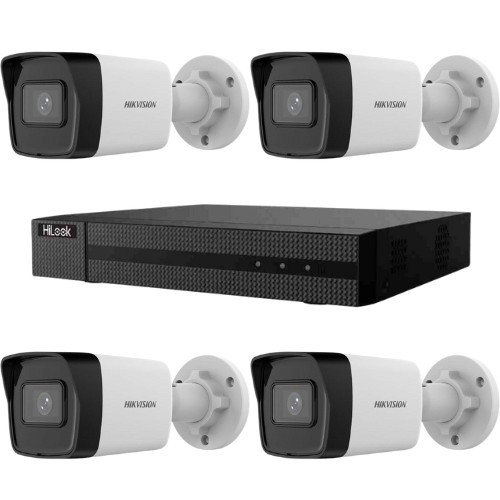 Kit supraveghere Hikvision HiLook 4 camere IP 4MP PoE IR 30m IP67 si NVR 4 canale 6MP PoE 36W 1 port SATA SafetyGuard Surveillance