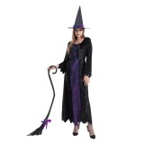 Costum Halloween Vrajitoare Rochie + Palarie, Negru/Mov, Dama, Carnaval, Petrecere, Marime Universala