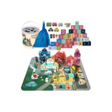 Set cuburi din lemn oras Kruzzel 19159, 100 piese, educativ (oras, sorter, puzzle, sac)