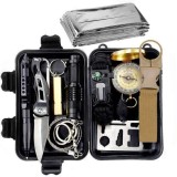 Kit supravietuire multifunctional 18 piese, camping si urgenta, busola, lanterna, cutit pliabil, paracord, patura termica, carcasa