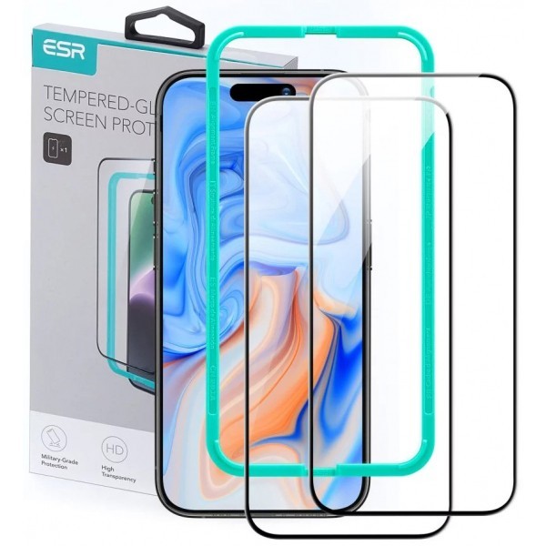Folie de protectie Ecran ESR pentru Apple iPhone 15, Sticla Securizata, Full Glue, Set 2 bucati, Neagra