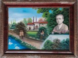 1969 Tablou pictura naiva cu colaj foto / romanesc /posibil din Dobrogea 60 x 46, Natura, Ulei, Altul