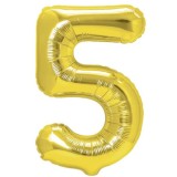 Balon din folie metalizata flippy, figurina cifra, tema aniversare 100 cm, ambalaj individual, pai inclus, umflare cu aer sau heliu, auriu, cifra 5