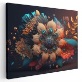 Tablou 3D flori frunze crem albastru galben 1659 Tablou canvas pe panza CU RAMA 70x100 cm