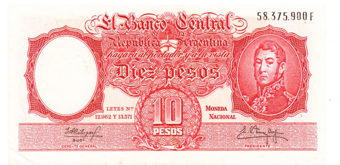 Argentina 10 Pesos 1961-62 P-270c Seria 58375900