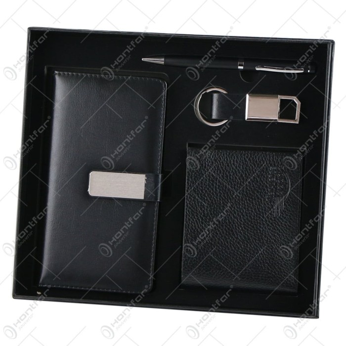 Set cadou pentru barbati, 4 piese &ndash; Agenda, portofel, breloc, pix, Negru