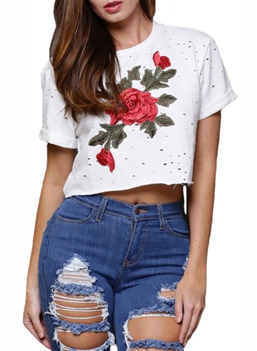 BL923-2 Top casual cu model taiat si floare brodata in fata