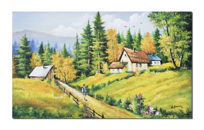 Tablou peisaj de la munte pictat manual living, Amintiri de la bunici, 100x60cm ulei pe panza, gata de agatat pe perete foto