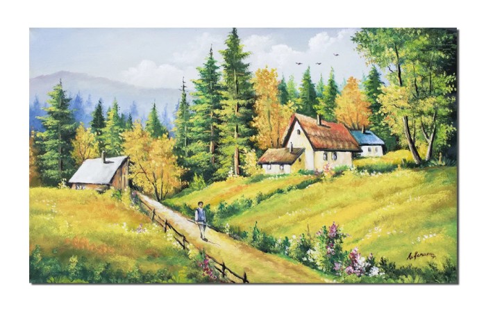Tablou peisaj de la munte pictat manual living, Amintiri de la bunici, 100x60cm ulei pe panza, gata de agatat pe perete