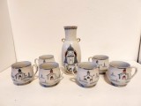 Set portelan Gzhel decantor + 6 cesti decor biserica ortodoxa, soare, barca