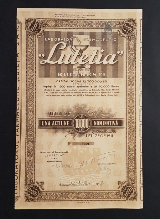 Actiune 1938 laboratorul farmaceutic LUTETIA , titlu , actiuni