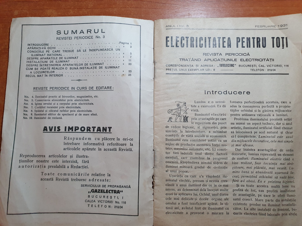 Revista electricitatea pentru toti anul 1,nr.3 din 1931 | Okazii.ro