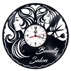 Ceas de perete decorativ realizat din disc de vinil, Model Salon Infrumusetare Beauty Salon Coafor Hair Stylist, Negru, 30 cm