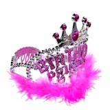 Coronita pentru fetite cu pene, Fucsia, cu mesajul Birthday Prince