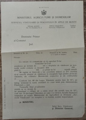 Scrisoare tip Serviciul Vanatoarei si Pescuitului in Apele de Munte, interbelica foto