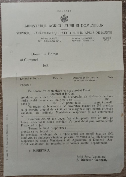 Scrisoare tip Serviciul Vanatoarei si Pescuitului in Apele de Munte, interbelica