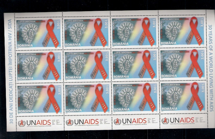 ROMANIA 2011 - 30 ANI DE LUPTA IMPOTRIVA HIV/SIDA, MINICOALA, MNH - LP 1904b