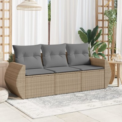 vidaXL Set canapele de grădină, 3 piese, cu perne, bej, poliratan 3253396 foto