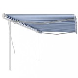 VidaXL Copertină retractabilă manual, cu st&acirc;lpi, albastru &amp; alb, 5x3 m