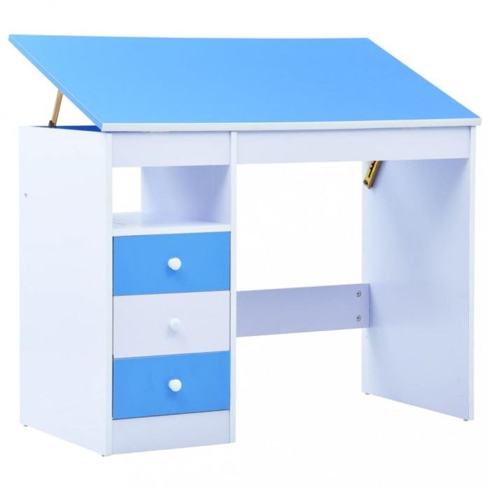 Birou de studiu &amp; desenat pentru copii rabatabil albastru &amp; alb