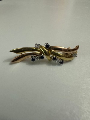 BROSA AUR galben si roze 18K + 4 Diamante + 5 Safire - 5.5g - Vintage ! foto
