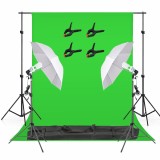 Cumpara ieftin Kit studio foto video cu fundal verde chroma key, 2 umbrele iluminare, 2 becuri fluorescente 45W 5500K, suport fundal reglabil 200 cm, 4 cleme si gean