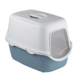 Litiera pisici, acoperita, cu capac si usita rabatabila, Stefanplast, plastic, dreptunghiulara, albastru + alb, 56 x 40 x 40 cm