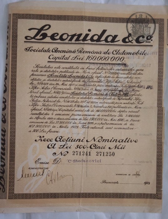 ACTIUNI,,LEONIDA&quot;.SOCIETATEA ANONIMA ROMANA DE AUTOMOBILE.1928