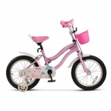 Bicicleta copii 2-4 ani Rich Baby R1208A, roti 12inch, Sistem franare C-Brake, roti ajutatoare (Roz/Alb), Royalbaby