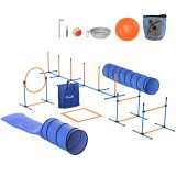 PawHut Set Agility pentru c&acirc;ini, 11 piese, echipament Agility pentru c&acirc;ini cu 2 tuneluri, &icirc;nălțime reglabilă, cerc de sărit și obstacole, st&acirc;lpi slalo