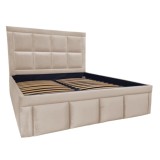Pat tapitat Premium, 180/200 cm, crem deschis 231, cu somiera metalica rabatabila si spatiu de depozitare