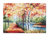 Tablou 3D peisaj pictat manual, Pe aleea cu mesteceni, 70x50cm ulei pe panza, Leonard Covaci