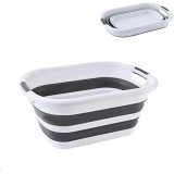 Cos de rufe tip lighean, pliabil, usor de depozitat, din plastic si silicon, cu manere, dimensiuni 53X38X23 cm, alb/gri