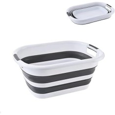 Cos de rufe tip lighean, pliabil, usor de depozitat, din plastic si silicon, cu manere, dimensiuni 53X38X23 cm, alb/gri