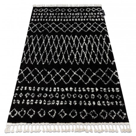 Covor Berber Ethnic G3802 negru si alb Franjuri shaggy pletos, 200x290 cm
