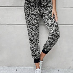 Pantaloni cu snur reglabil, imprimeu leopard, bej, dama