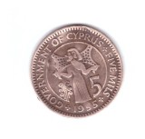 Moneda Cipru 5 mils 1955, lovita pe revers, curata