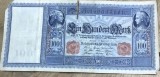 BNKSTR02DE Bancnotă Germania 100 Mărci / Mark 1910, Serie Roșie, Stare VG (Uzată, Fisură Ad&acirc;ncă pe Marginea de Sus, Cute)