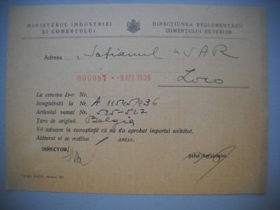 HOPCT DOCUMENT VECHI 366 MINISTERUL INDUSTRIEI COMERT EXTERIOR /BUCURESTI 1936 foto