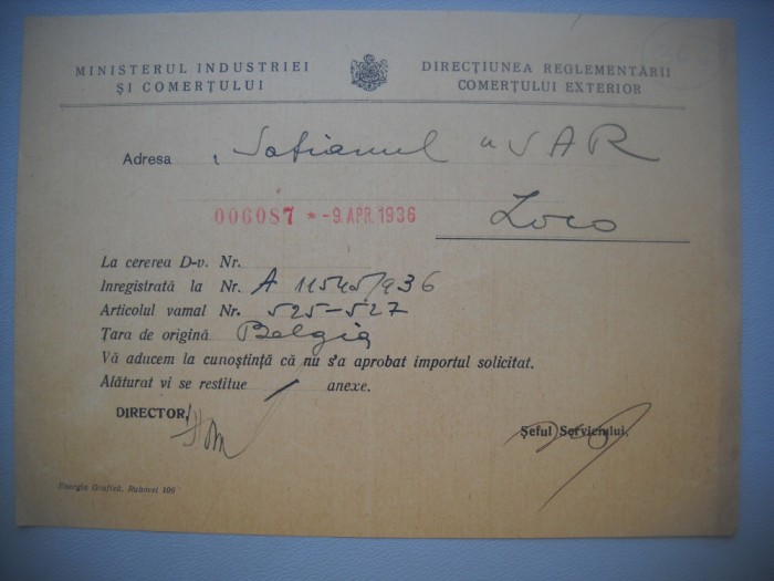 HOPCT DOCUMENT VECHI 366 MINISTERUL INDUSTRIEI COMERT EXTERIOR /BUCURESTI 1936