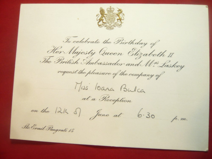 Invitatie -Antet- Receptia cu ocazia zilei Reginei Elisabeta IIa la Ambasada