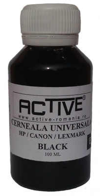 Cerneala refill Universala ACTIVE, 100 ml, Black / Negru, compatibila cu cartuse inkjet HP, Lexmark, Canon foto