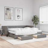 vidaXL Pat de zi cu extensie și sertare, gri &icirc;nchis, 100x200 cm textil