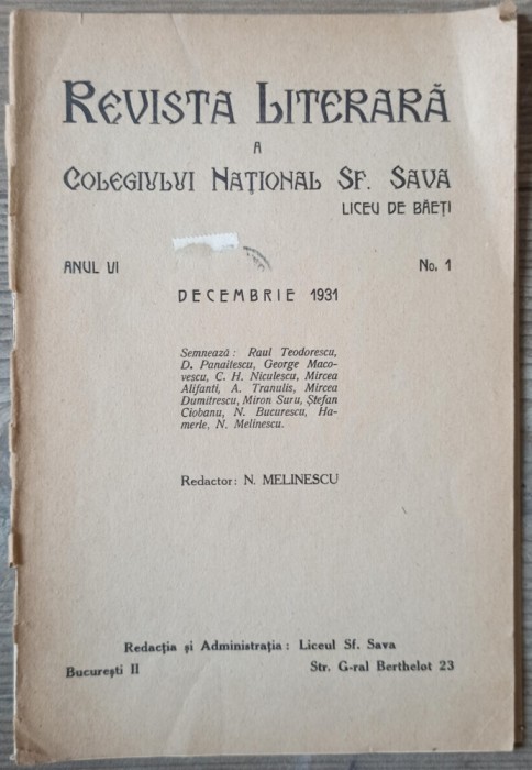 Revista Literara a Colegiului National Sf. Sava// decembrie 1931