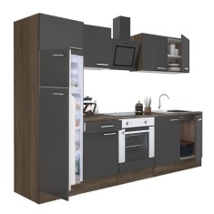 Mobilă de bucătărie Yorki 270, corp din stejar Yorki, față antracit satinat cu element cuptor inferior și frigider cu congelator superior