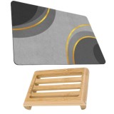 Covoras pentru baie ultra absorbant, anti-alunecare, material Diaton, Model Cercle, 50 x 80 cm si Sapuniera din lemn natural Bambus, anti-derapanta,&nbsp;1